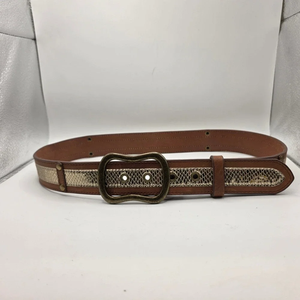 Chicos Brown Leather Metallic Snakeskin Print Belt Brass Buckle Size M RN 79984